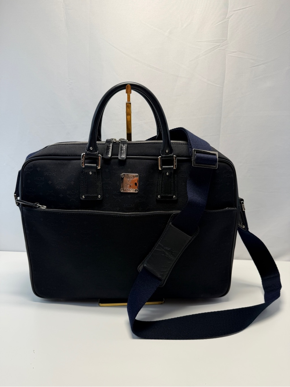 MCM Black Leather Briefcase with Navy Strap